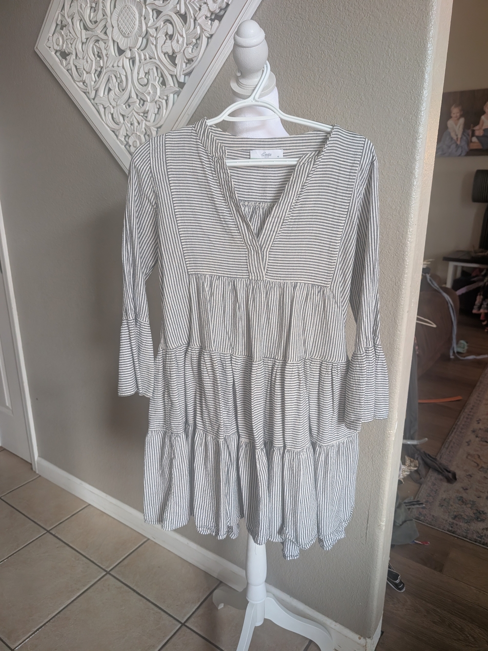 Devotion TWINS Striped Tiered V-Neck Mini Dress - Gray & White